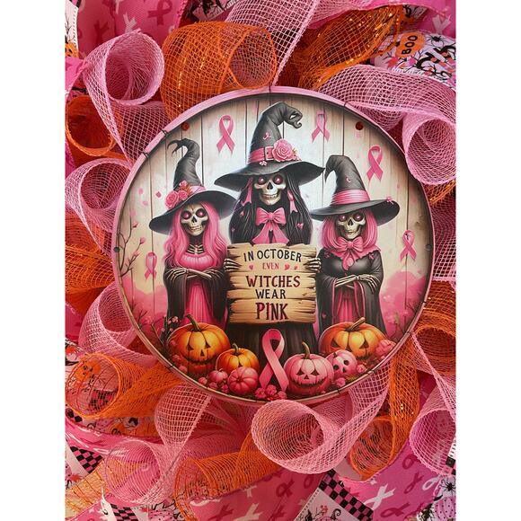 Pink Halloween Witches Breast Cancer Awareness Mesh Ribbon Wreath Door Decor - Picture 3 of 7